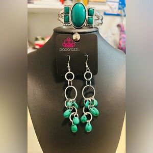 Paparazzi Silver and Green Earrings and Bracelet Set